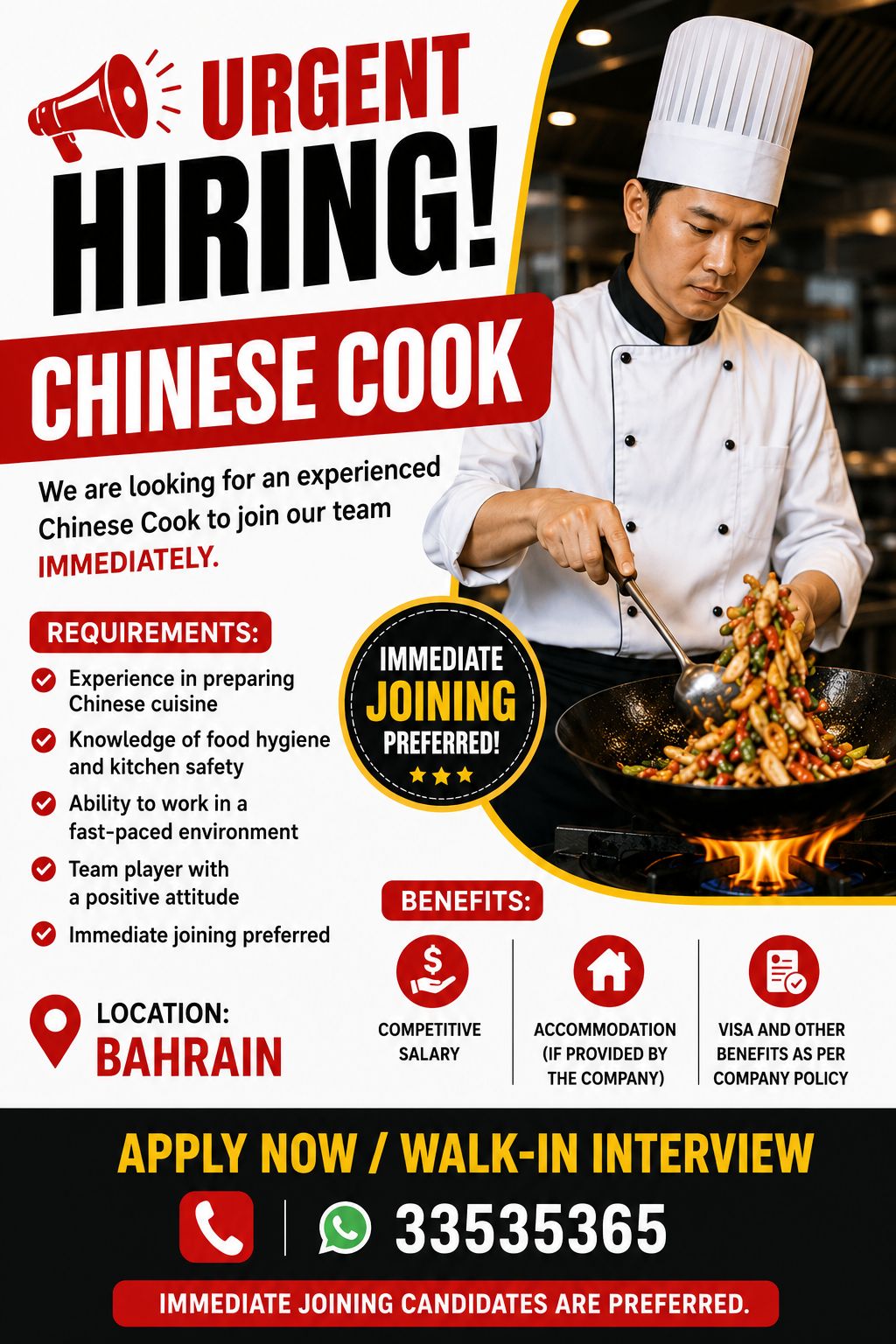 🚨 URGENT HIRING &ndash; CHINESE COOK 👨&zwj;🍳🥢