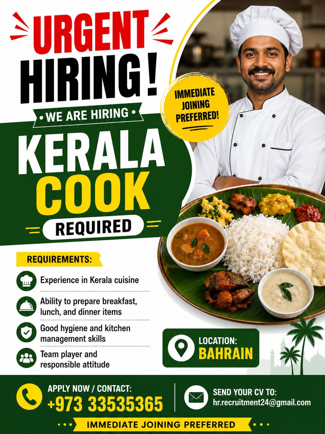 🚨 URGENT HIRING 🚨 👨&zwj;🍳 KERALA COOK