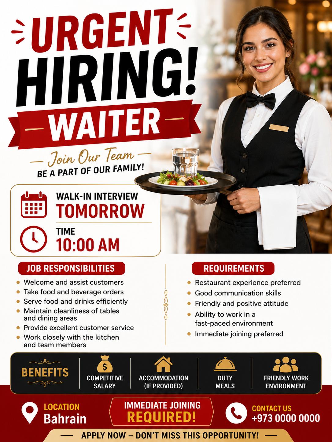 🚨 URGENT HIRING &ndash; WAITERES ONLY FEMALES🚨