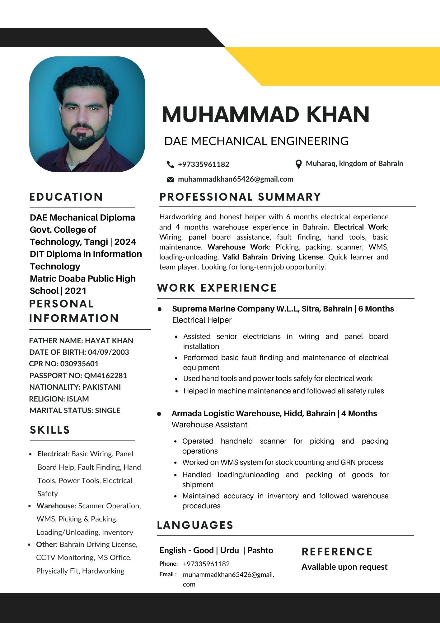 Application for Helper Job - Muhammad Khan